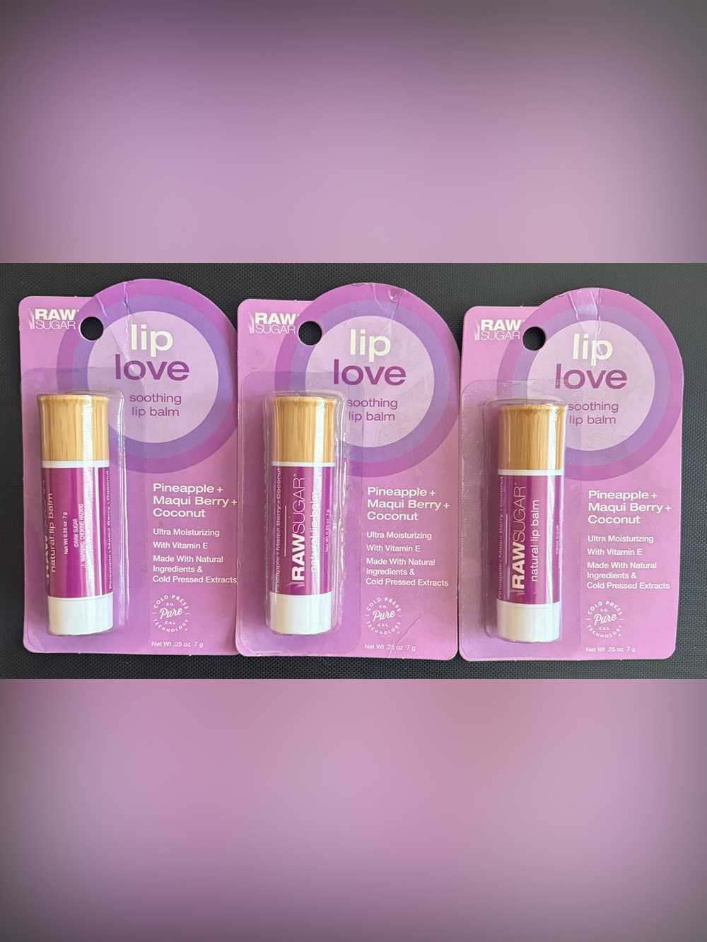 (3) Raw Sugar Lip Love Pineapple Maqui Berry Coconut Soothing Lip Balms w/Vit E